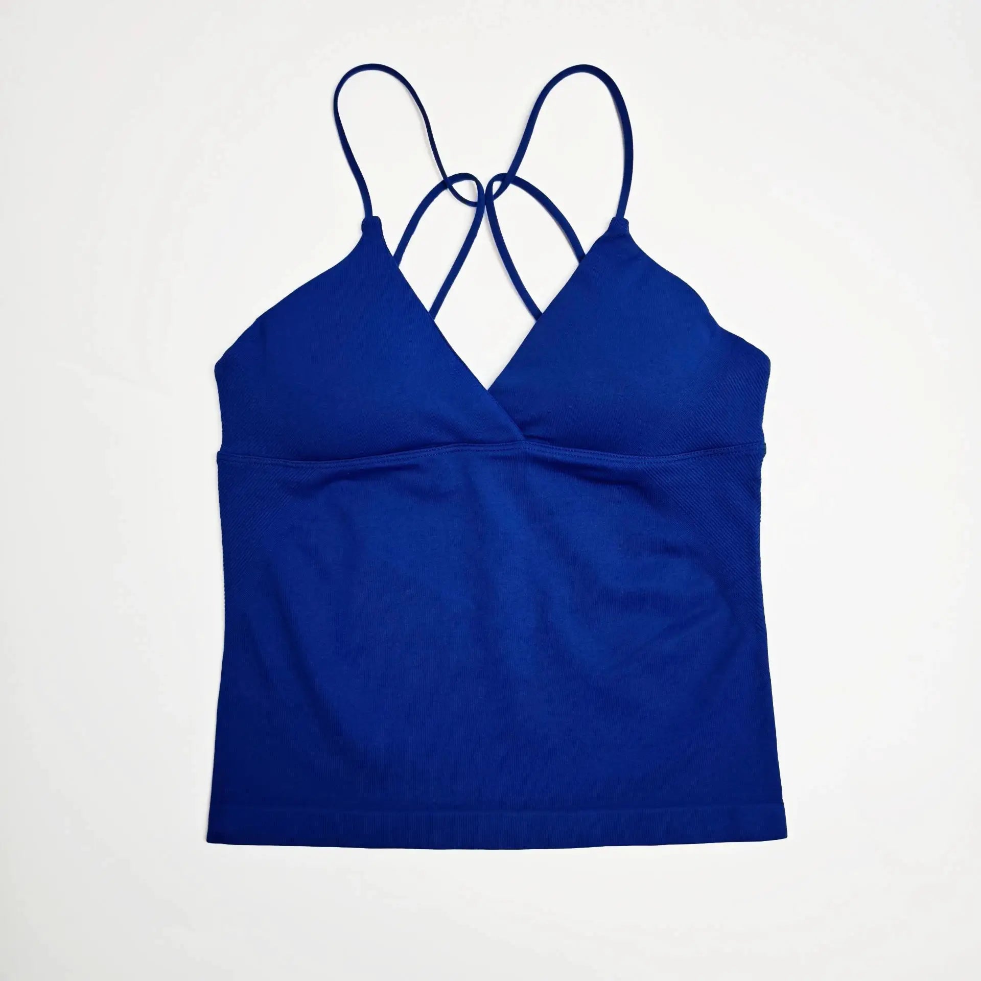 NCLAGEN Vision Twist Front Longline Top, blue seamless yoga gym tank with thin straps.