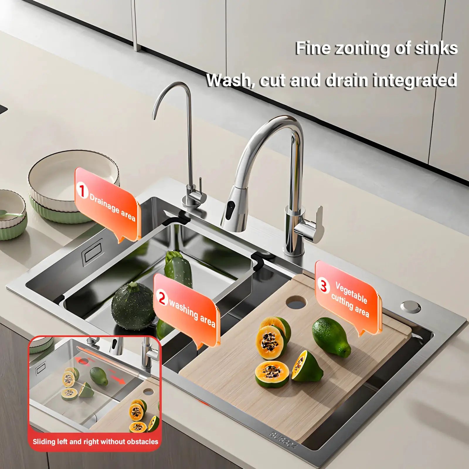 Simples Market 304 stainless steel kitchen sink, silver embossed finish, large single-slot multifunction wash basin