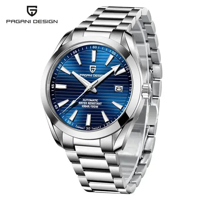 Pagani Design A150 40mm men's automatic watch with blue dial, sapphire glass, stainless bracelet, 100M water resistant.