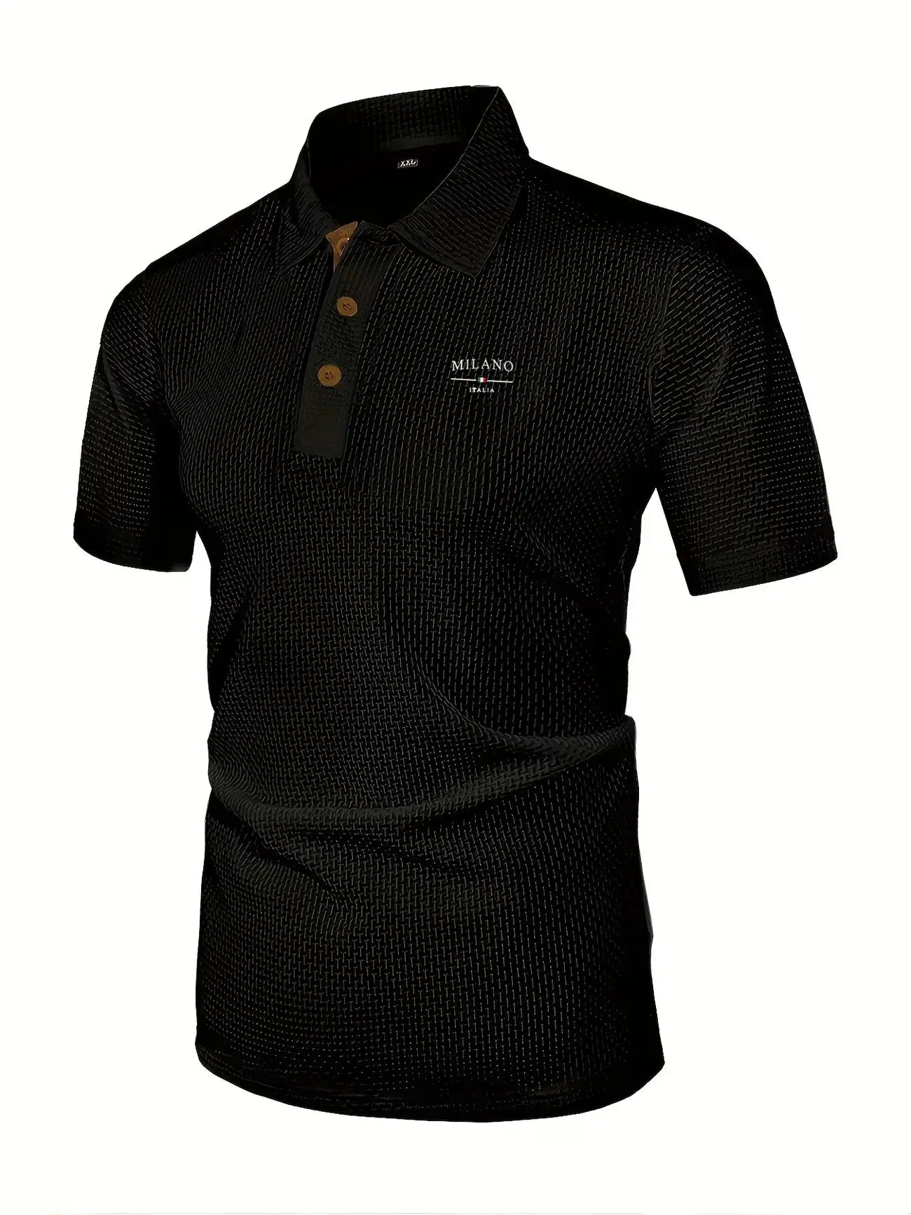 Men's short-sleeve polo shirt in black with brown button placket and Milano logo.