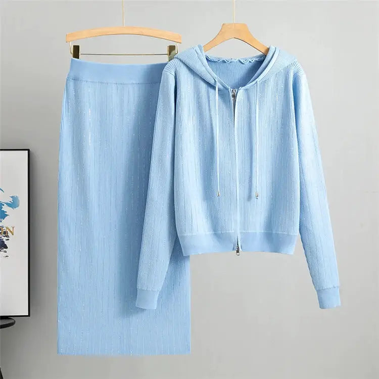 Two Piece Knit Cardigan And High Waisted Skirt Set With Diamond