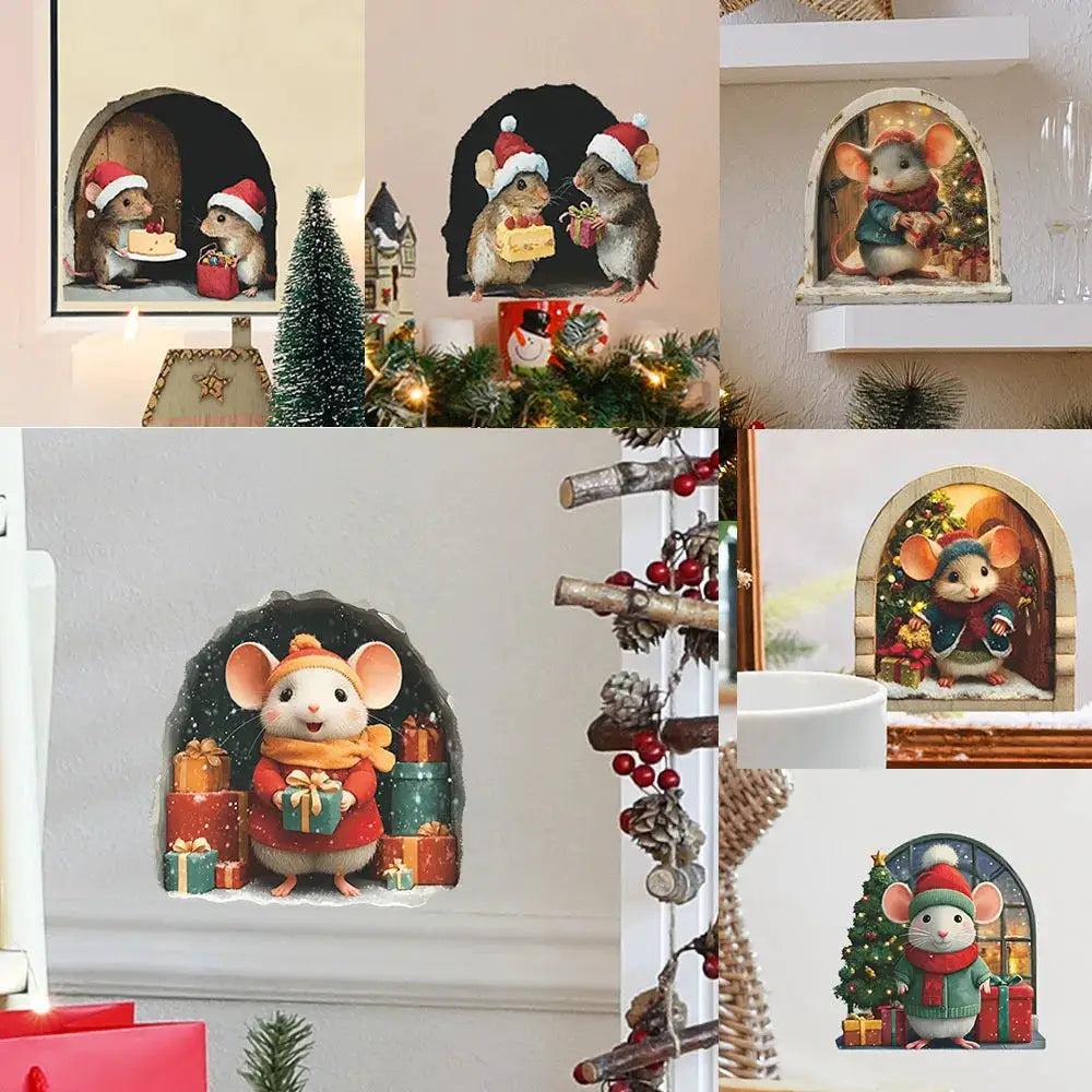 Cute Christmas Small Mouse Wall Stickers Home Decoration Noel Navidad Merry Christmas 2025 Happy New Year 2026