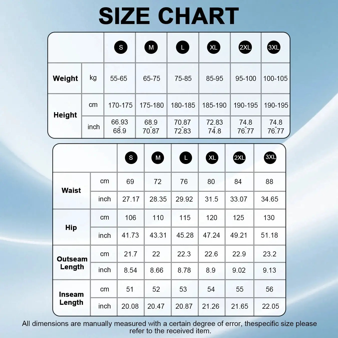 Simples Market men's tactical cargo shorts size chart showing waist, hip and inseam measurements.