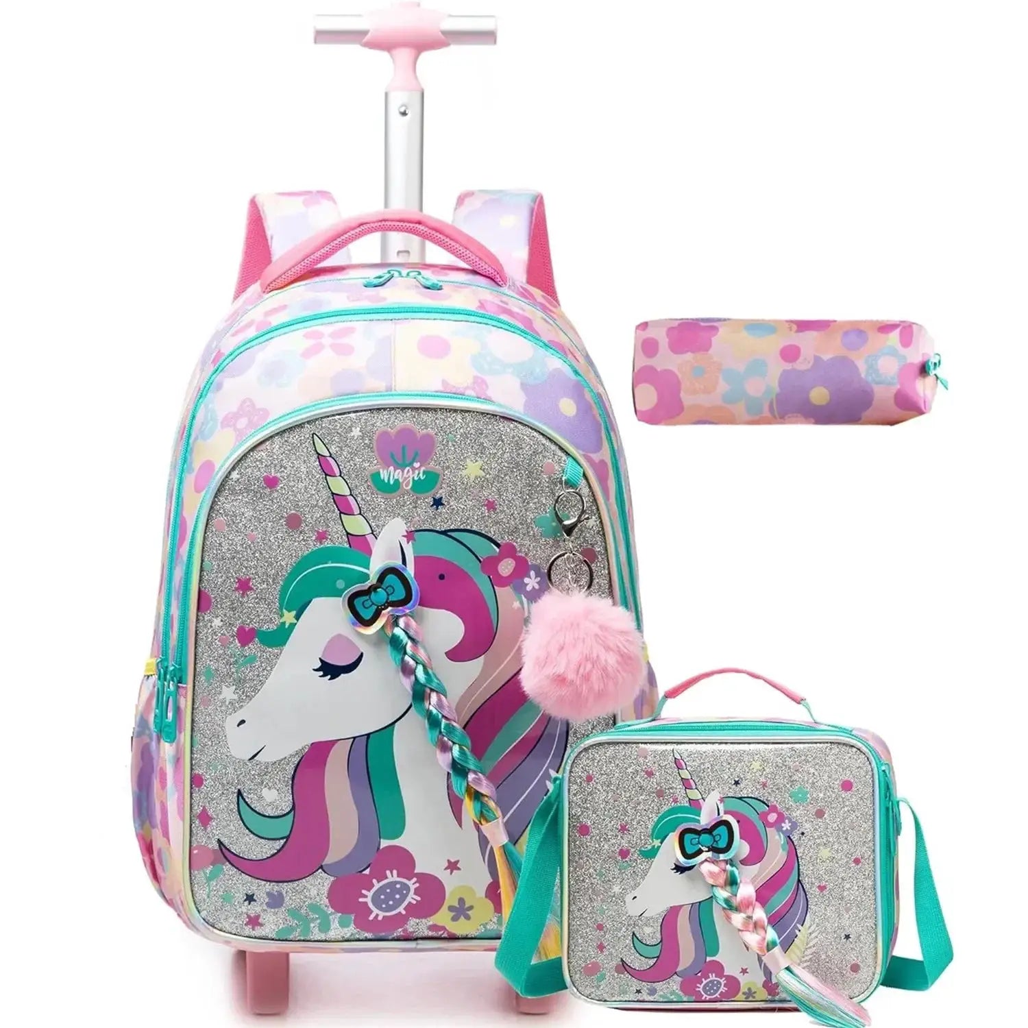 Children's unicorn wheeled backpack set with lunch box and matching pencil case; pink glitter accents, Simples Market