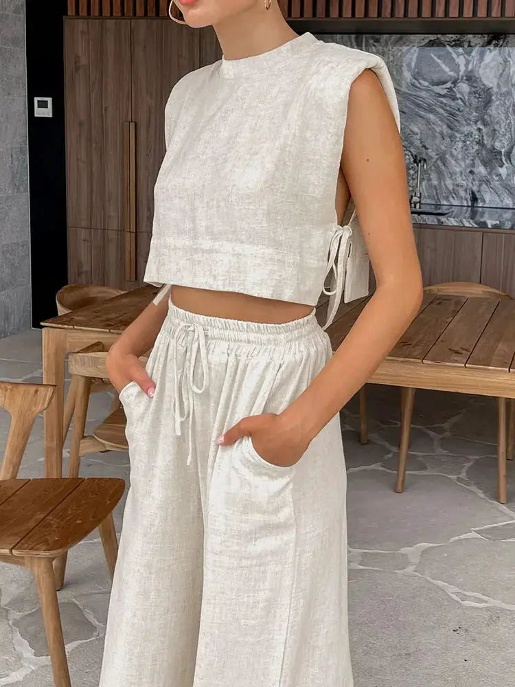 Linen Two Piece Pant Set With Crop Top For Women Spring Summer 2025