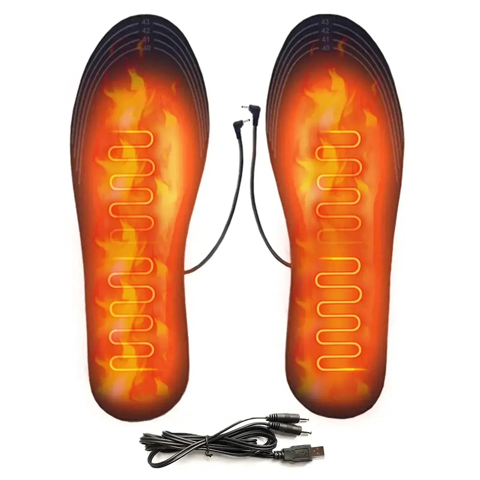 USB heated insoles pair by Simples Market with USB cable, orange heating coils