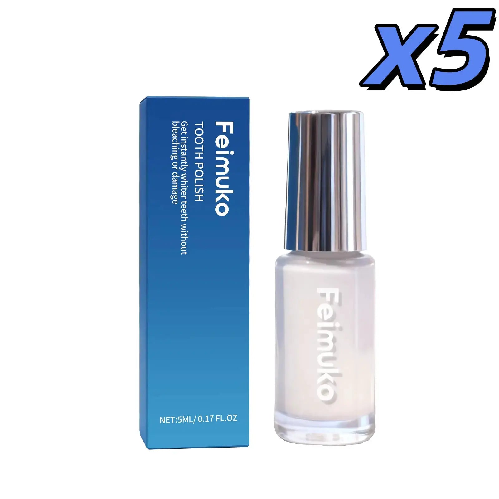 Tooth whitening paint by Feimuko, 5 ml bottle with silver cap beside blue box.