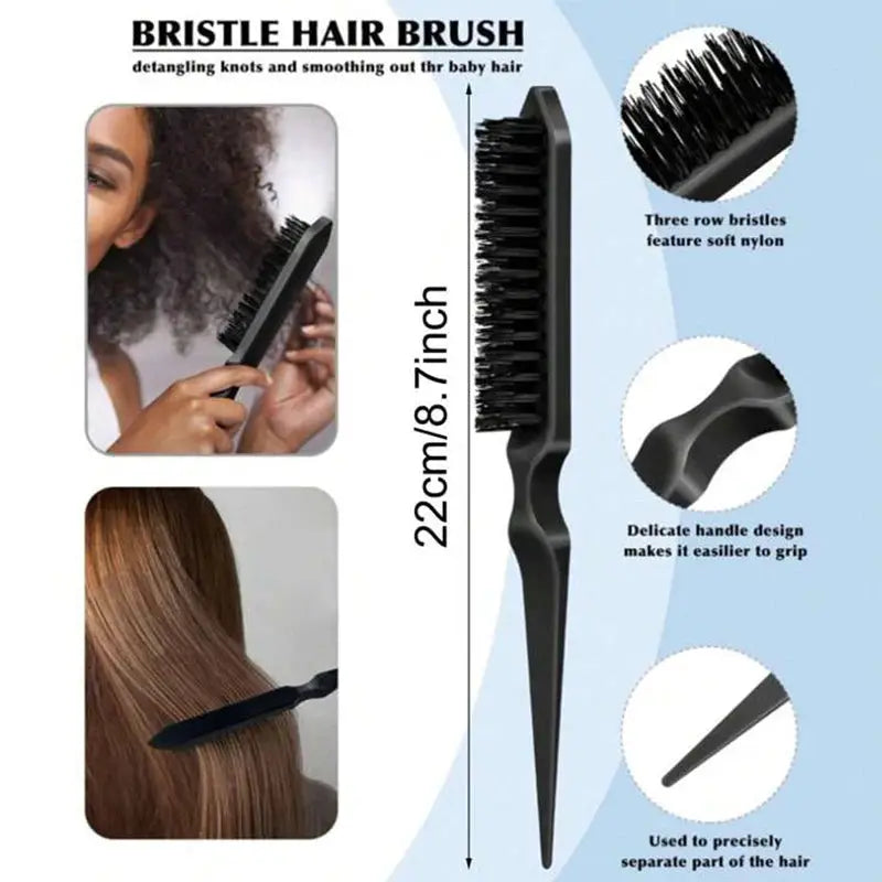 Bristle hair brush by Simples Market for sleek ponytail, smoothing baby hair; nylon bristles, ergonomic handle, 22 cm.