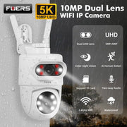 FUERS 5K 10MP dual-lens outdoor IP camera with 2.4GHz WiFi, white waterproof security cam