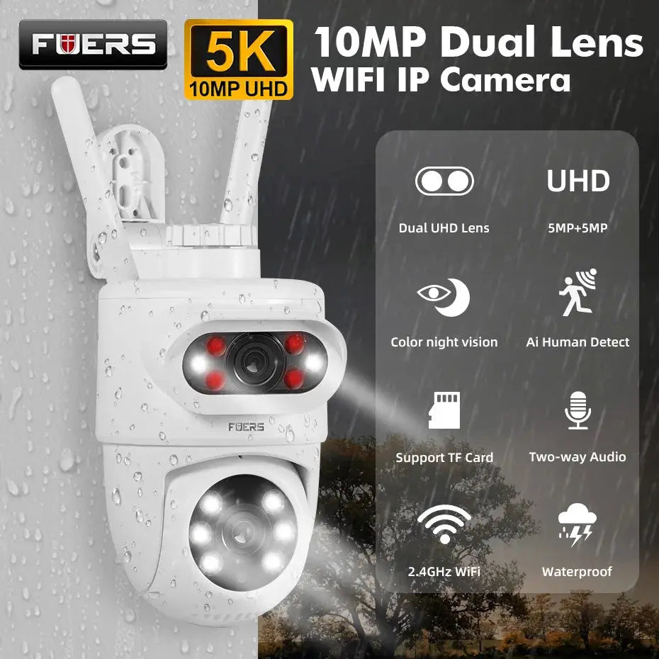 FUERS 5K 10MP dual-lens outdoor IP camera with 2.4GHz WiFi, white waterproof security cam