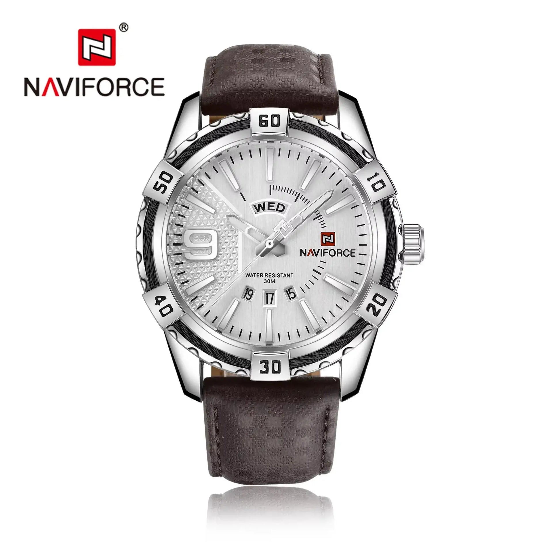 NAVIFORCE men's wristwatch with silver dial, steel case and brown leather strap, date display, 30m water resistant