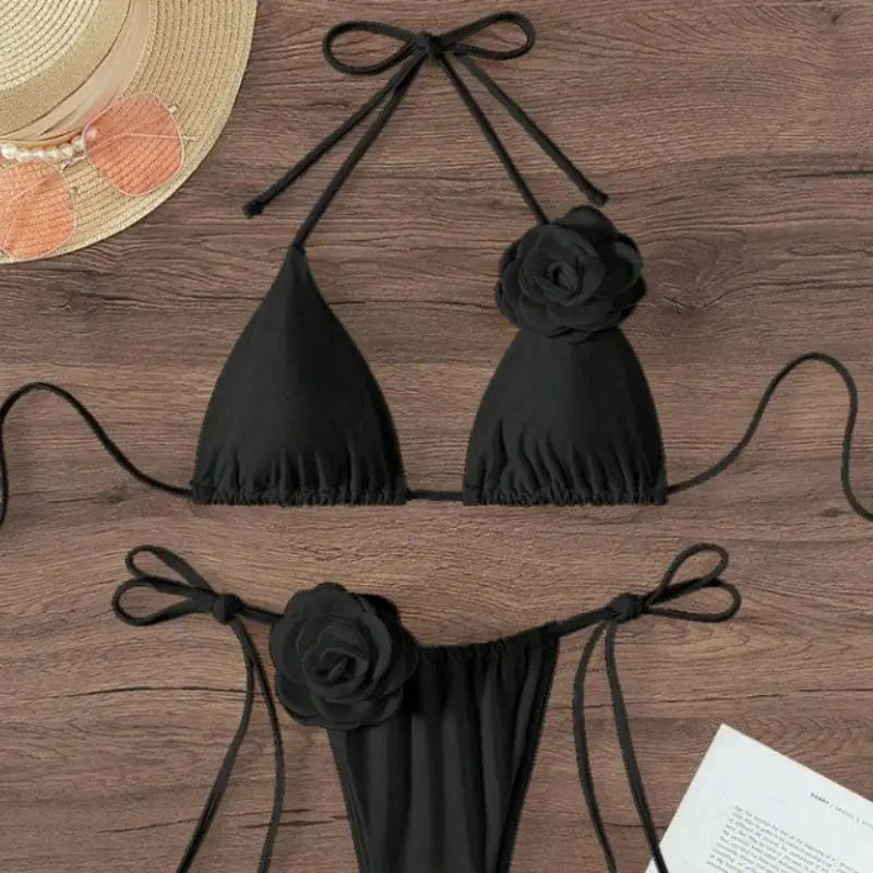 Sexy 3D Flowers Halter Strappy Bikini Women Swimwear Two Piece Swimsuit Set Size S To L For Beach Bathing