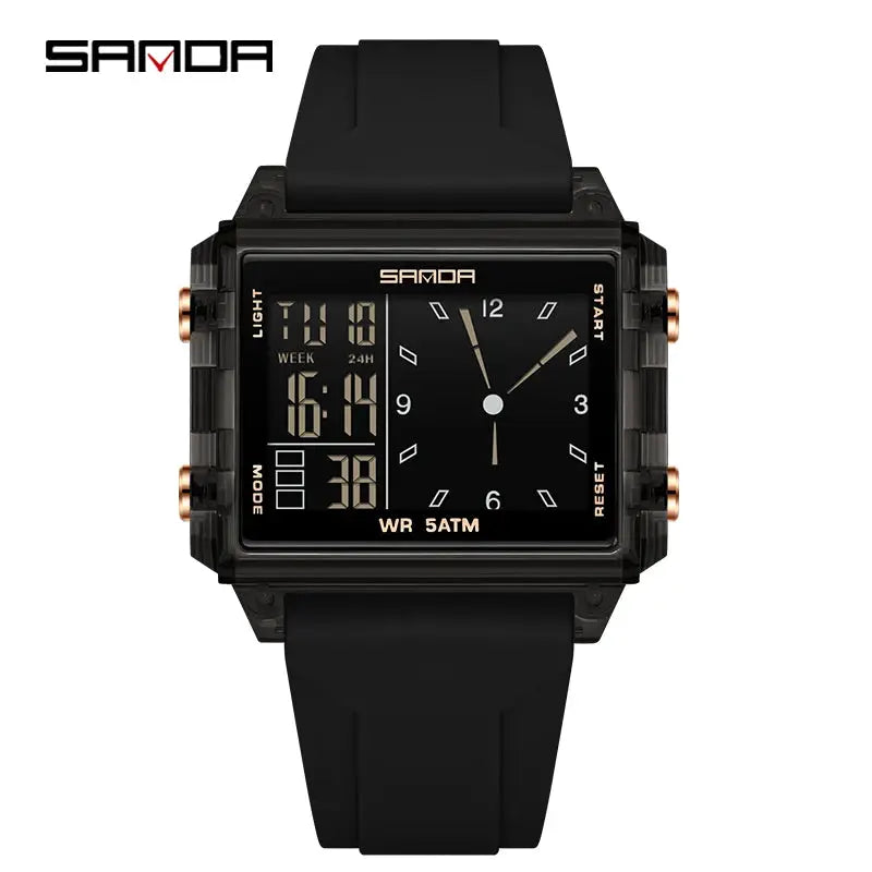 SANDA 6273 wristwatch; square dual-time analog-digital, black case with gold-tone side buttons, waterproof 5ATM, SAMOA logo