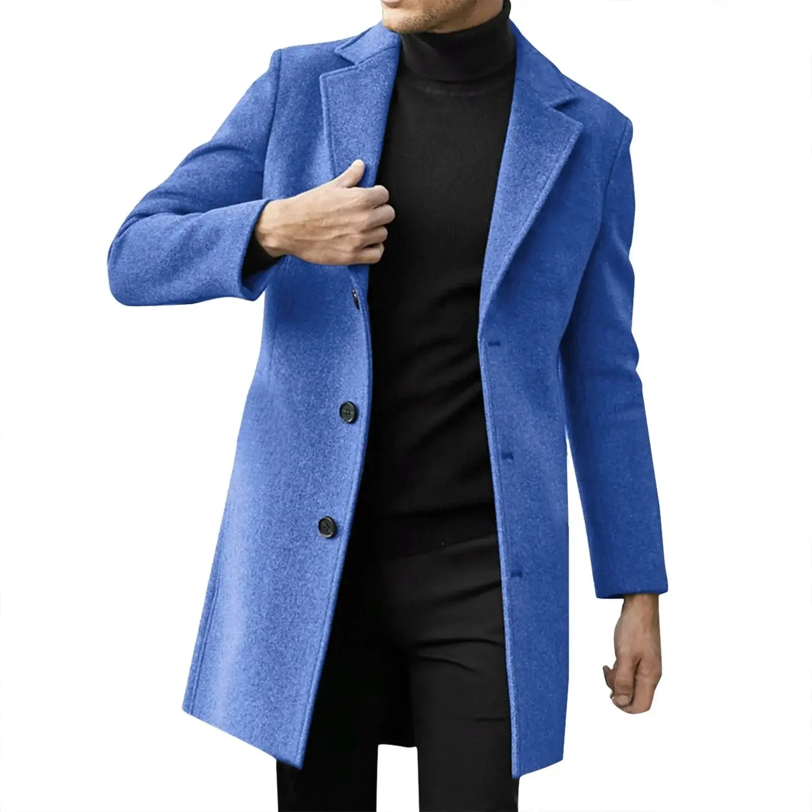 Blue wool-blend men's trench coat, long length worn over a black turtleneck.
