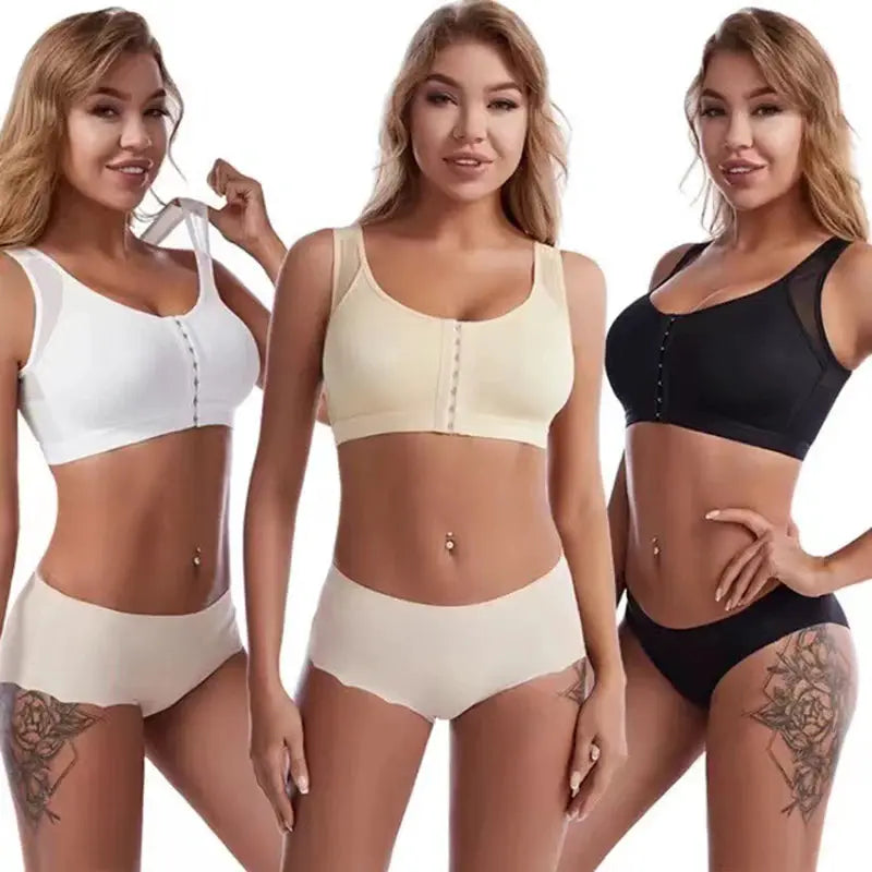 Front-closure posture-corrector lift-up bras for women in white, beige, and black with cross-back design.