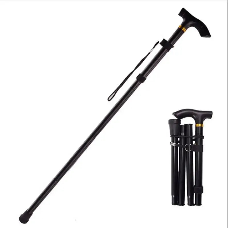 Telescopic walking stick trekking pole, black aluminum alloy, folding cane with curved handle and wrist strap