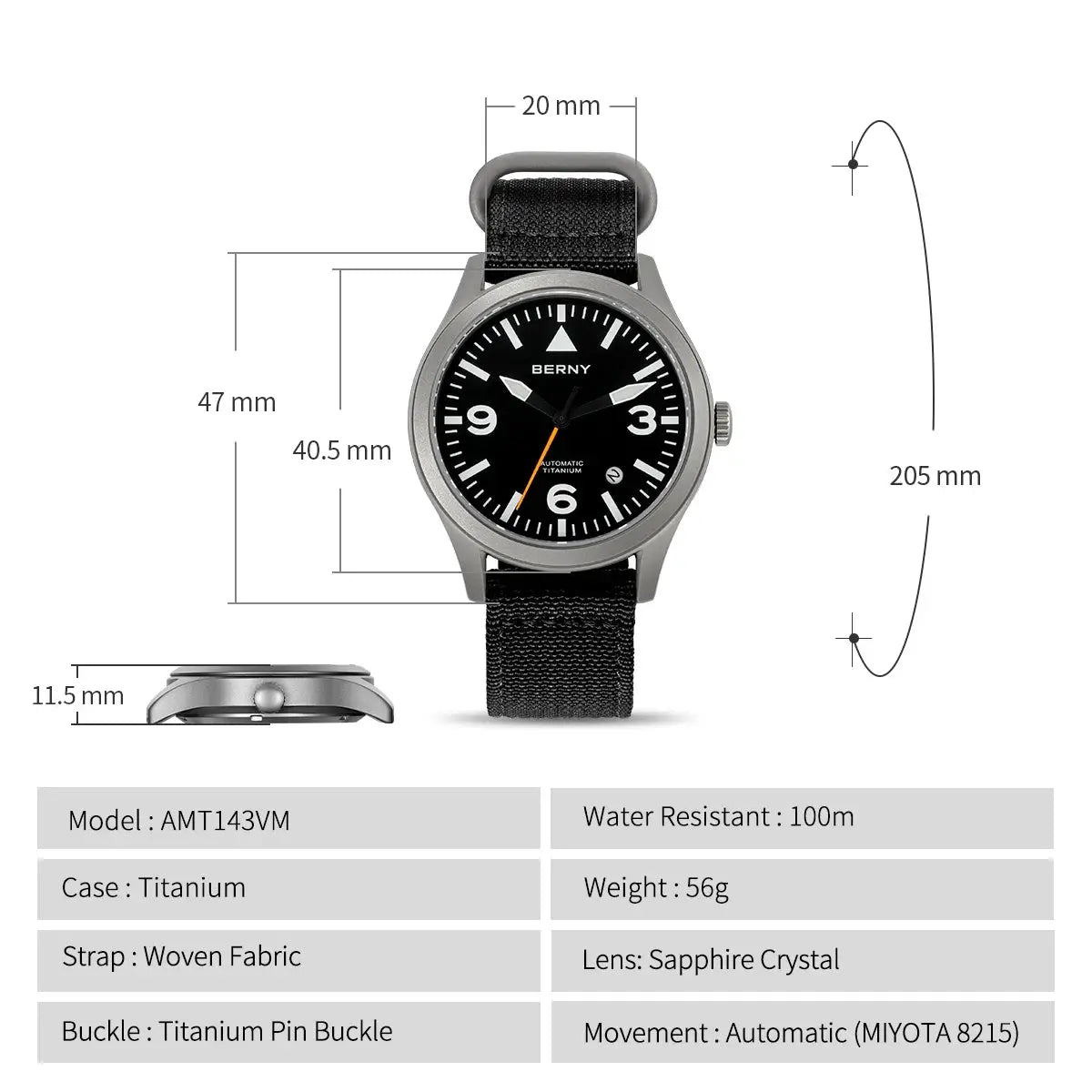 BERNY titanium automatic men's watch with black dial, sapphire crystal, woven fabric strap, 100m water resistant