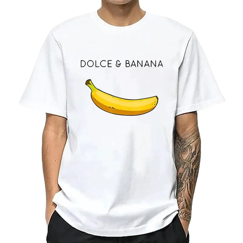 Summer Men's 100 Percent Cotton Banana Print T Shirt Loose O Neck Short Sleeve Casual Top Tee