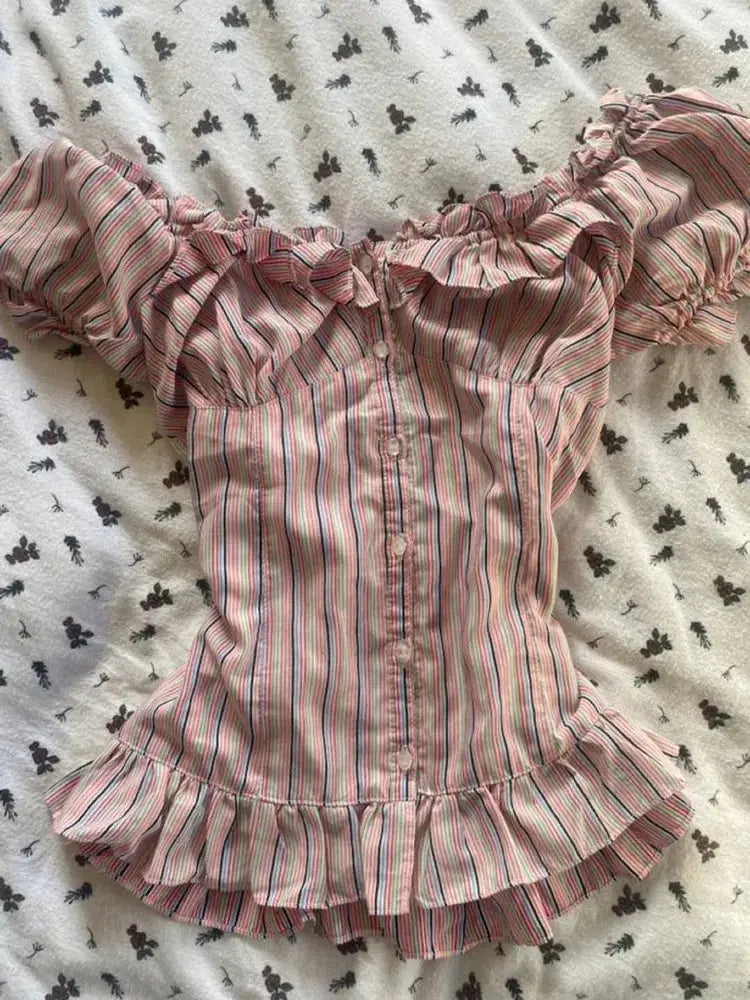 Striped pink short-sleeve top with ruffled neckline and tiered hem, button front