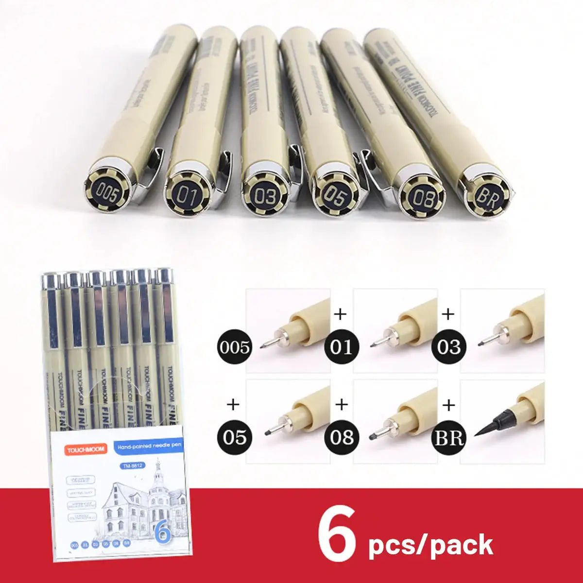 Simples Market 6-pack hook needle fineliner pens with beige barrels and numbered tips (005, 01, 03, 05, 08, BR)