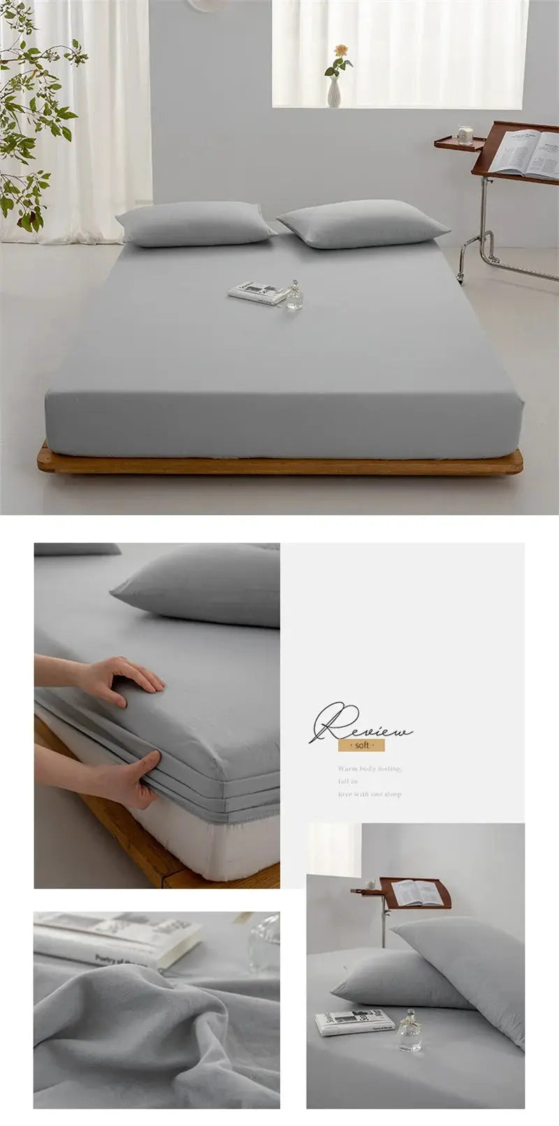 Cotton fitted sheet in soft gray with elastic edge on a neatly made bed.