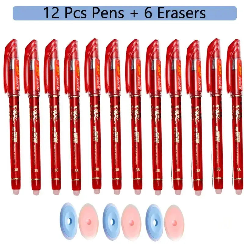 Erasable gel pens set: 12 red pens and 6 pastel erasers