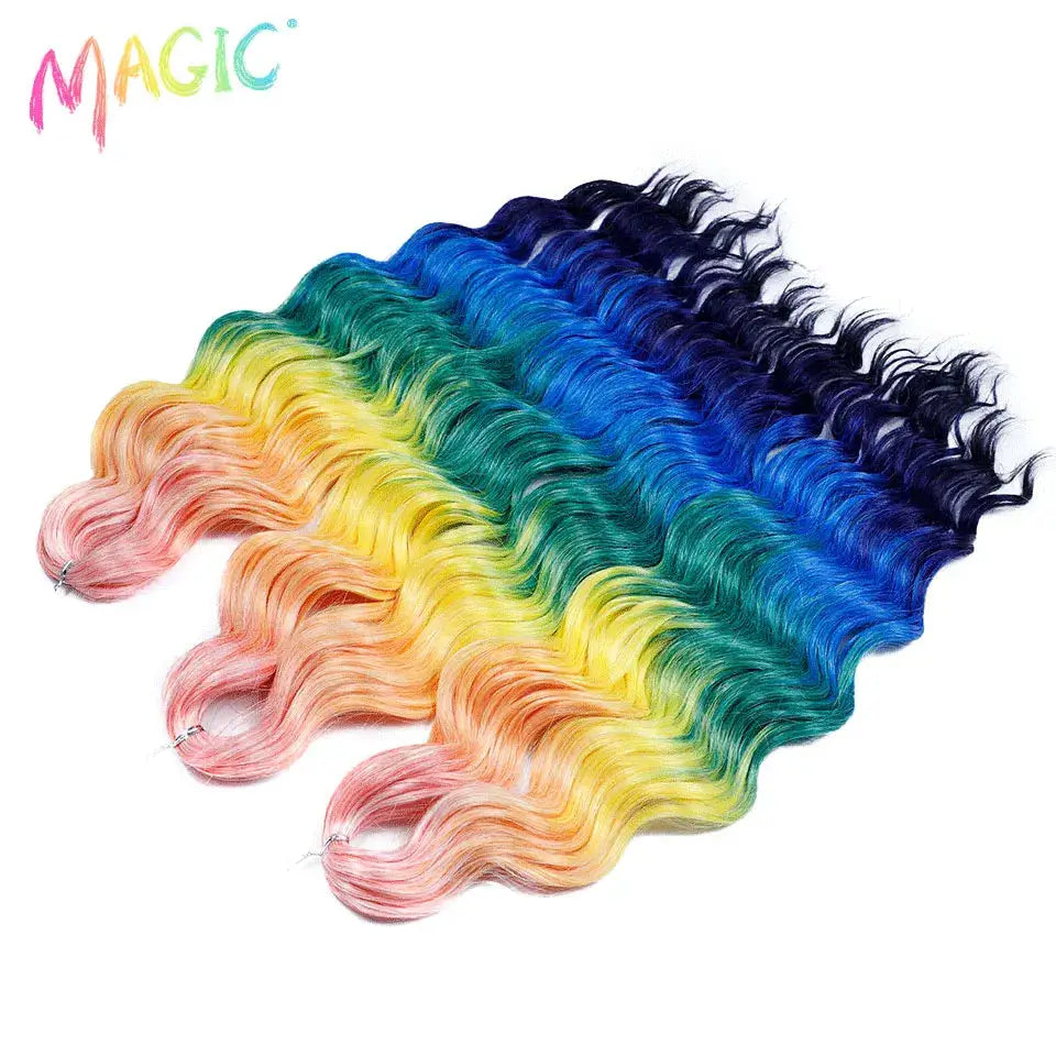 Anna Synthetic Hair 24in water-wave braiding extensions in ombre rainbow (pink to navy), 5 bundles, Magic brand