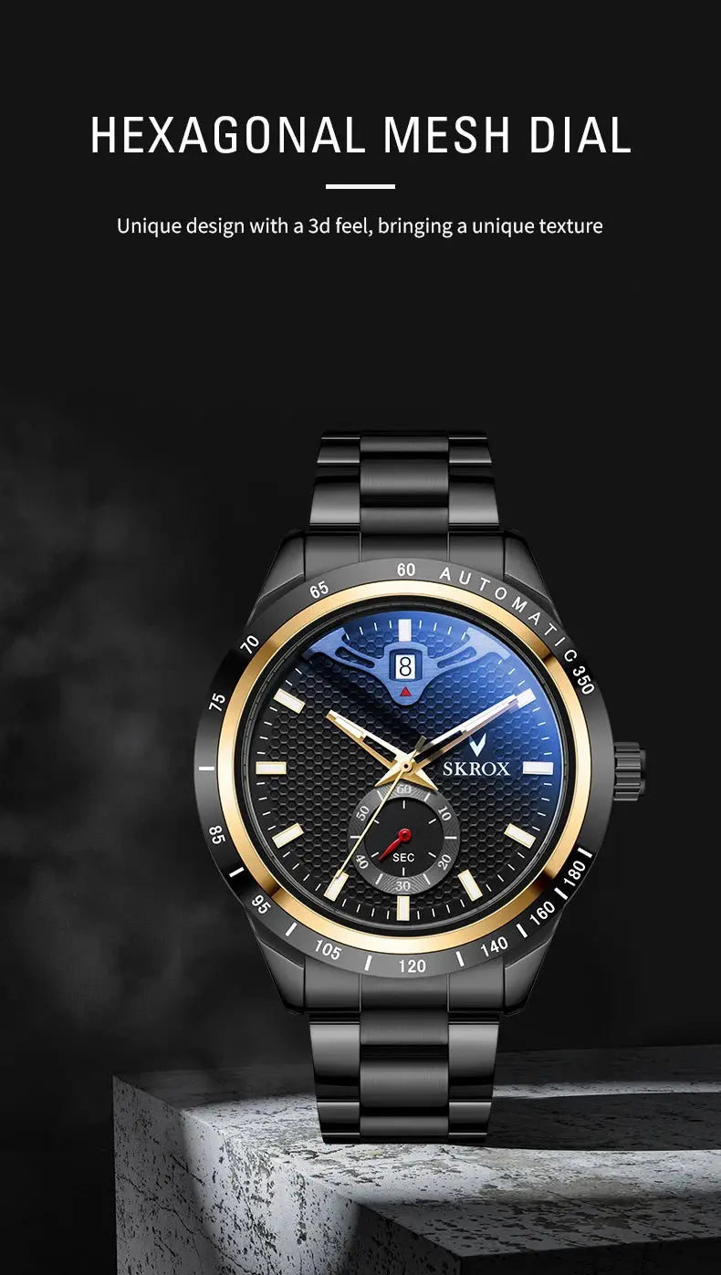 SKROX men's stainless steel watch with sapphire crystal, automatic movement, blue hexagonal mesh dial