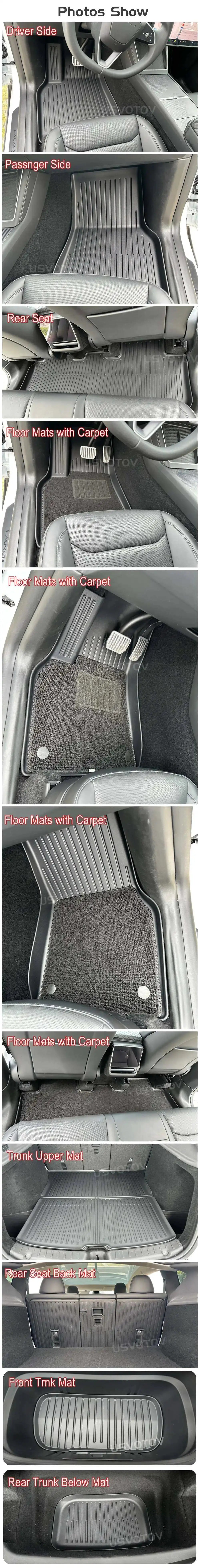 Tesla Model Y floor mats set in black TPE with front, rear, cargo liner, trunk mats and backrest pads by Simples Market