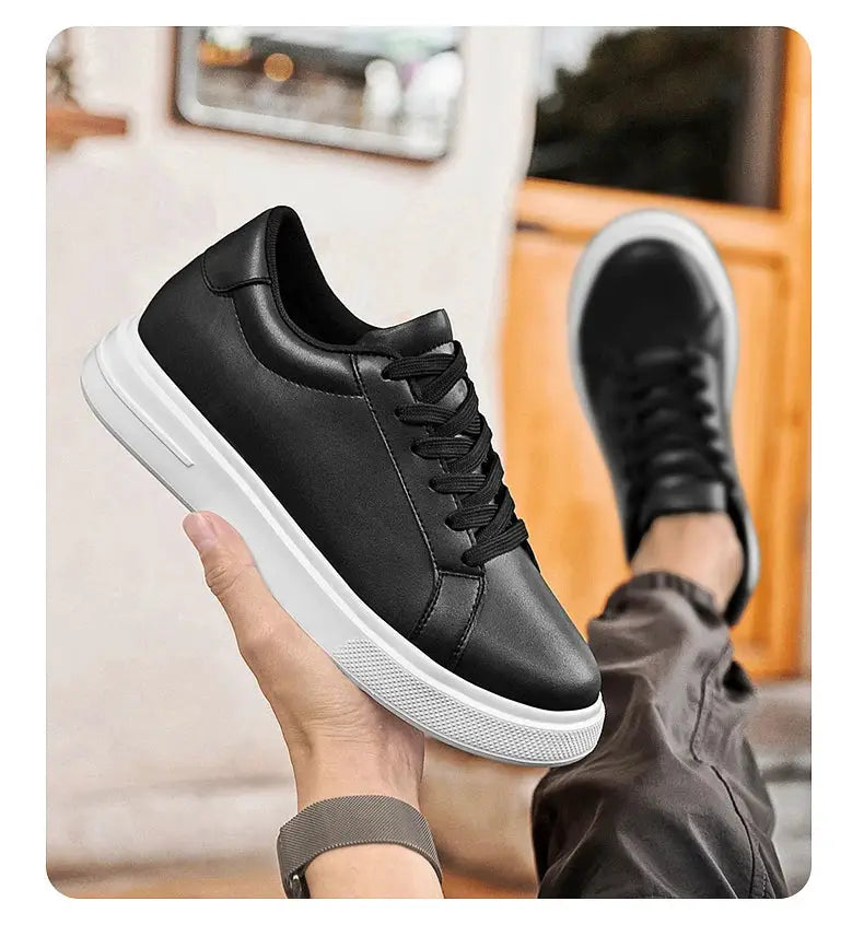 Men's height-enhancing sneakers by Simples Market, black leather upper with white platform sole