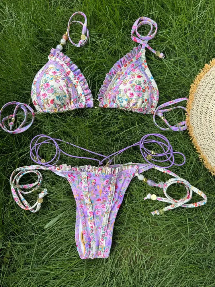 Sexy Triangle Bikini Set For Women Micro Thong Swimsuit Bandage Beachwear With Print Bathing Suit