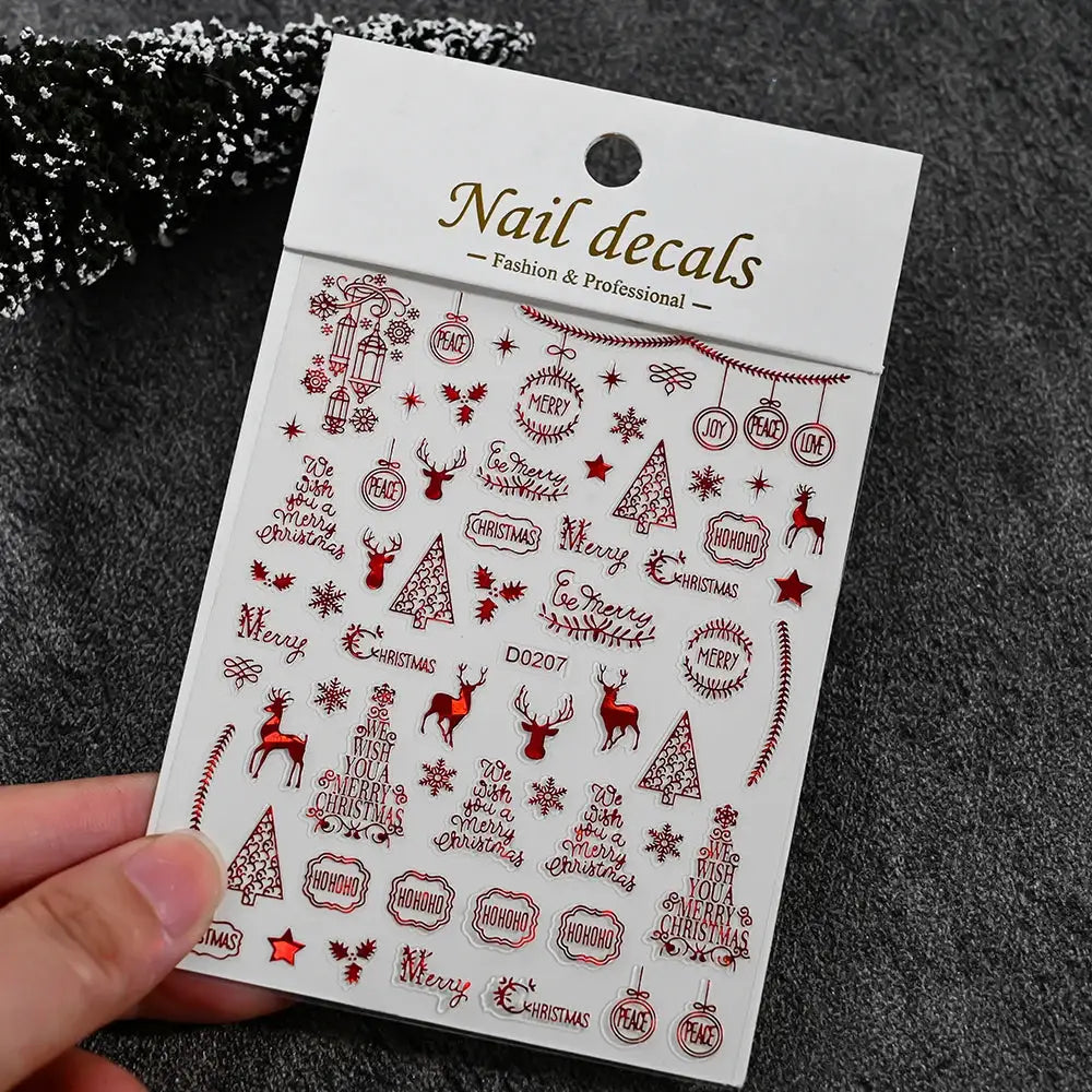 Winter Christmas red nail decals sheet with snowmen, reindeer, trees and snowflakes for self-adhesive nail art