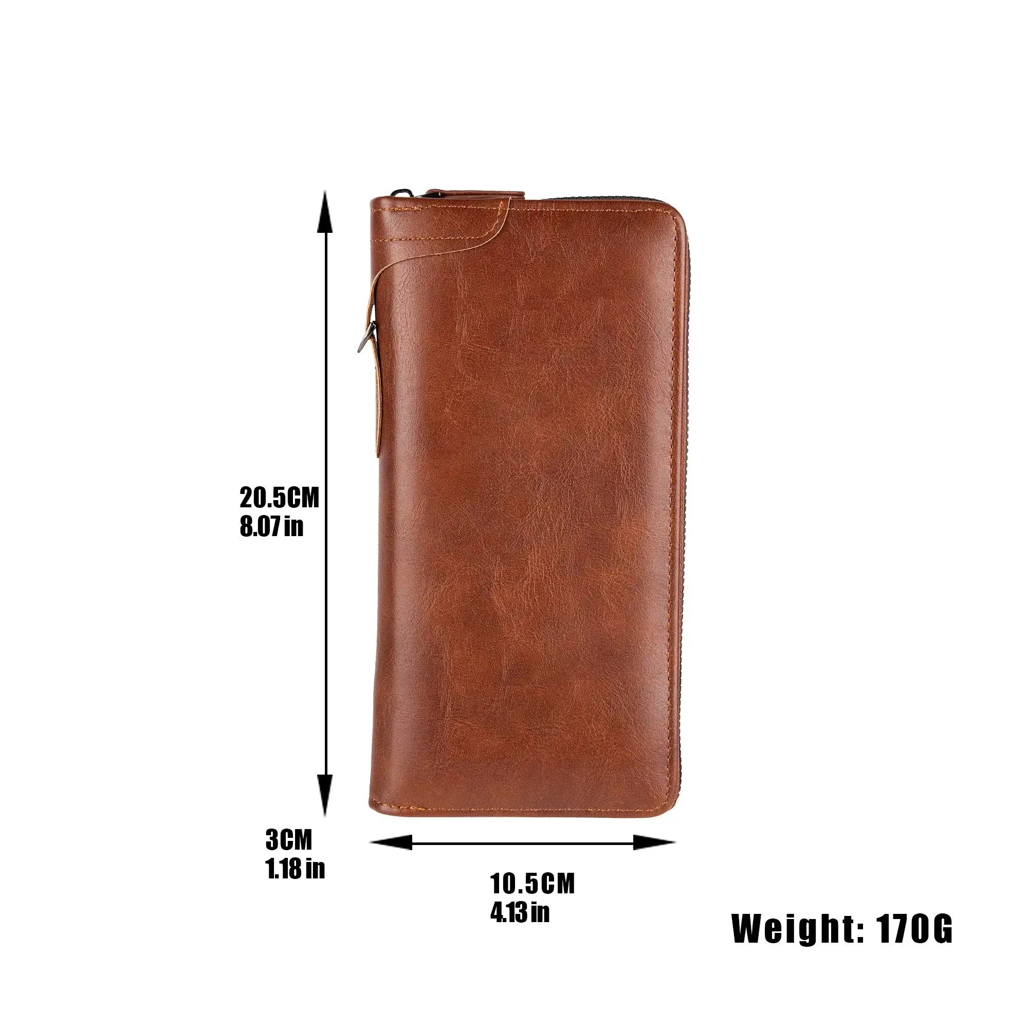 Men's long zipper wallet by Simples Market, brown PU leather with RFID blocking