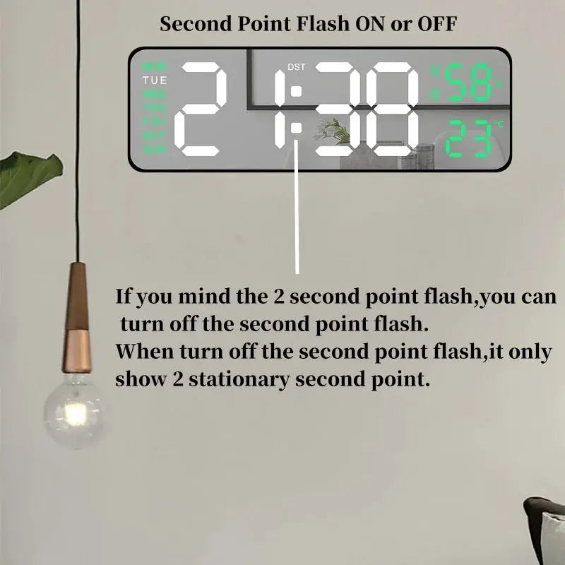 9-inch digital wall clock with USB power, temp and humidity display, week view, auto dimmer, 12/24h LED alarm clock