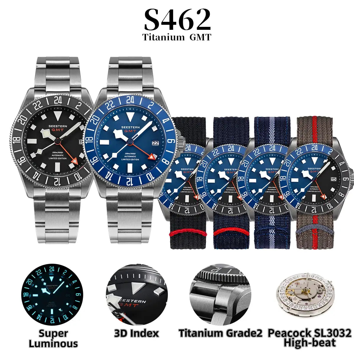 Seestern S462 Diver GMT watches set, titanium, 200m waterproof, blue and black dials with steel bracelet and NATO straps (6)