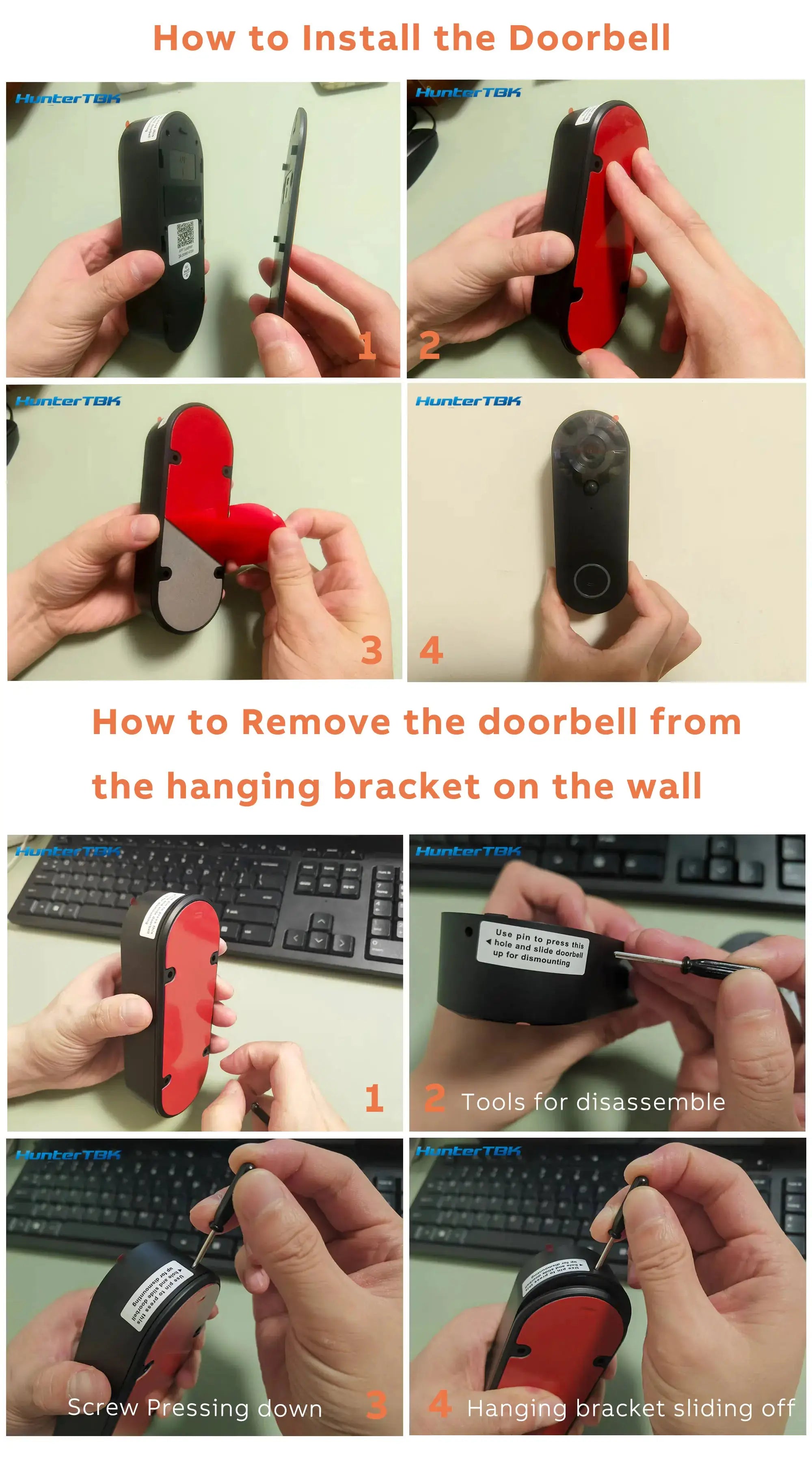 Simples Market 1080P wireless video doorbell in black and red; step-by-step installation and removal guide shown