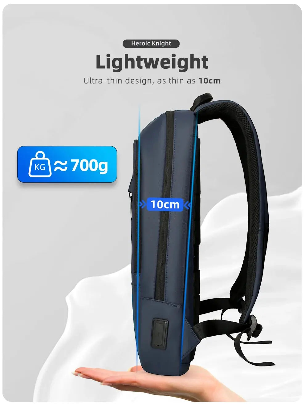Simples Market HK Slim Backpack for Men, blue/gray 15.6-inch waterproof laptop bag with USB charging.