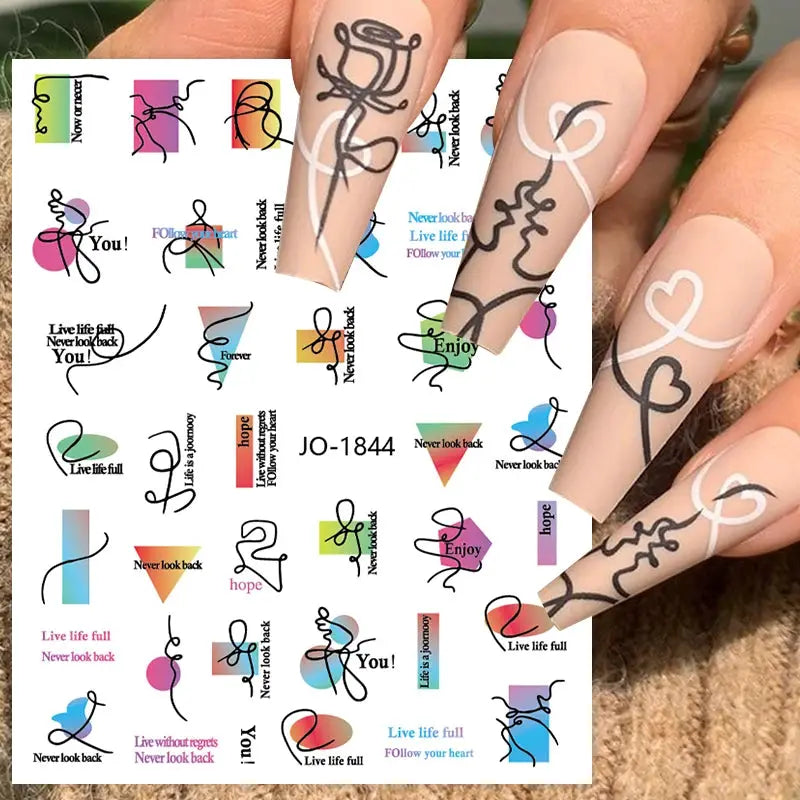 Nail art decals sheet by Simples Market; 1pc colorful bronzing striped decals with geometric lines and floral designs
