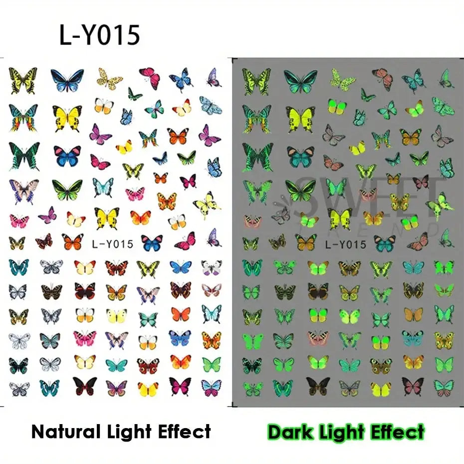 3pcs luminous butterfly nail decals by Simples Market, colorful blue butterfly designs for manicure, glow-in-the-dark sliders.