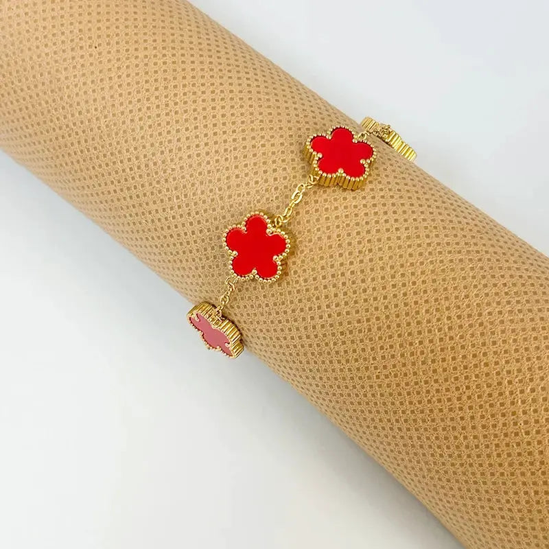Adjustable Stainless Steel Bracelet Double Sided Five Leaf Clover Petals Gold Plated Women Fashion Jewelry