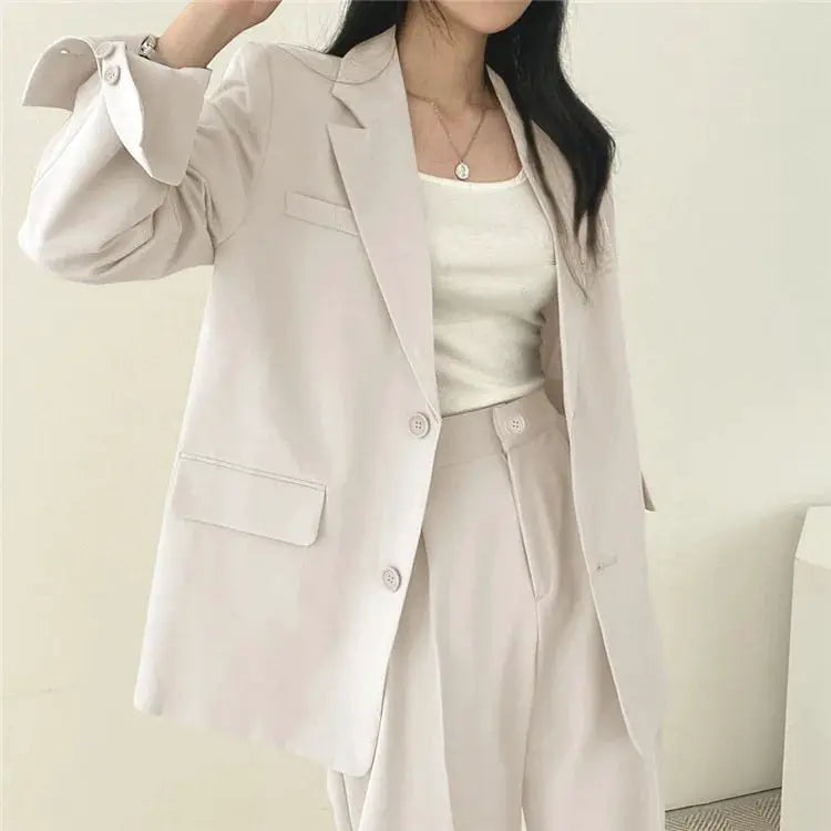 Beige women's long-sleeve blazer and pants two-piece outfit set
