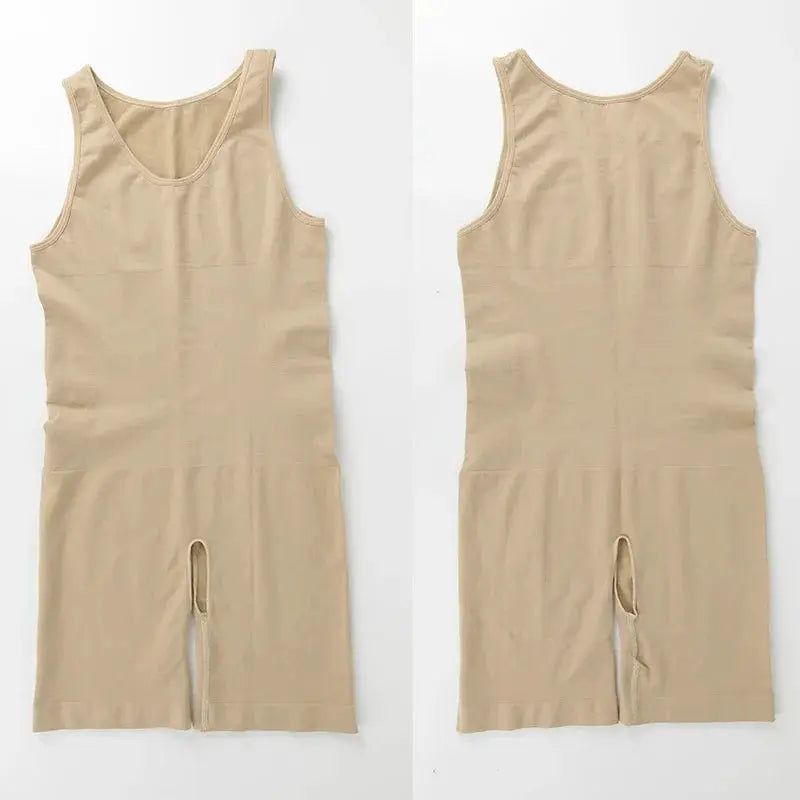 Men's beige full-body shapewear sleeveless compression bodysuit by Simples Market; front and back views.