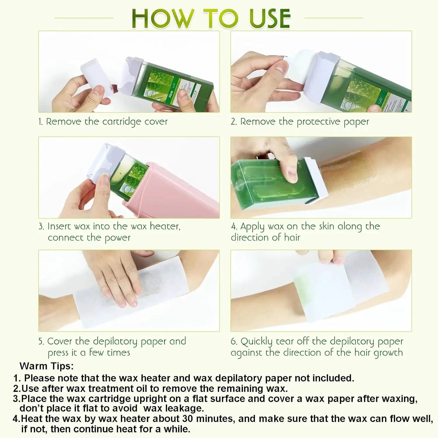 Roll-on wax refill cartridge for aloe wax by Simples Market; green packaging shown in a six-step how-to-use infographic.