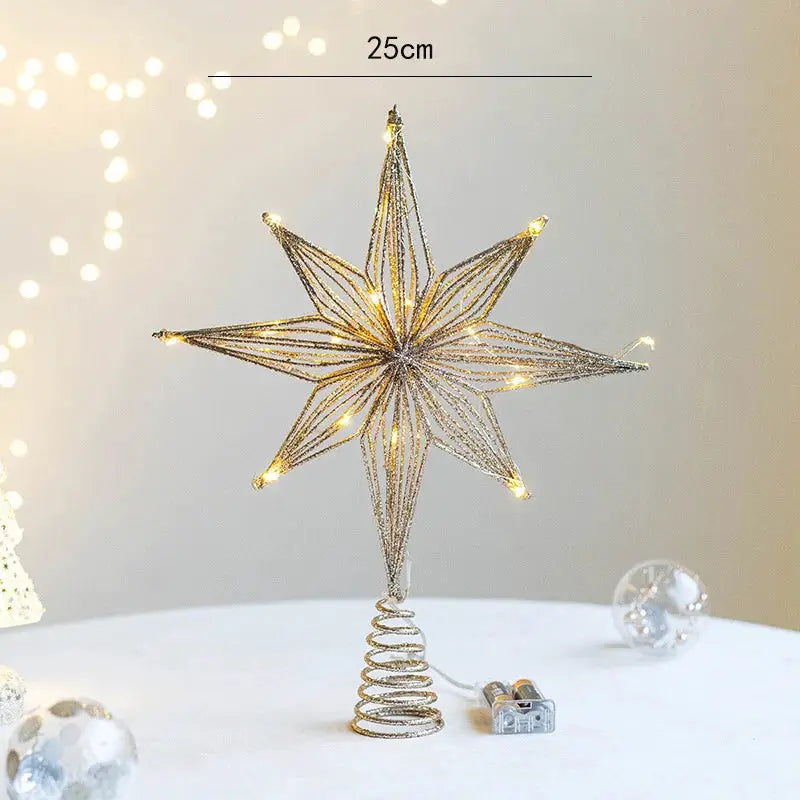 Gold Christmas Tree Topper Star With LED String Lights Ornament For Home Decor Party Festive New Year