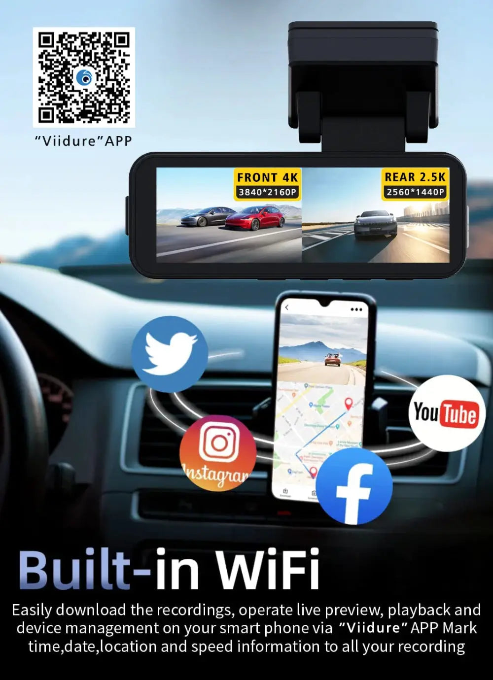 Dash Cam Dual Lens black 4K front / 2.5K rear, built-in WiFi and GPS, night vision, app compatible Simples Market