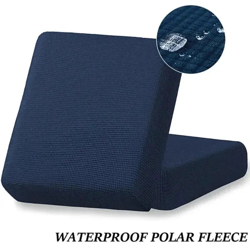 Sofa seat cushion cover in blue jacquard polar fleece, waterproof with elastic edges