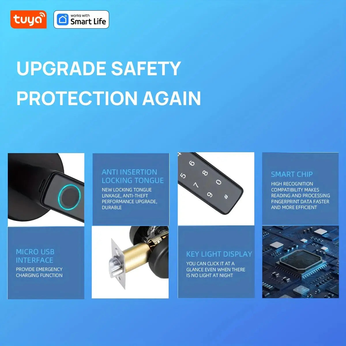 Tuya Bluetooth biometric smart lock with fingerprint, password, and app unlock for doors