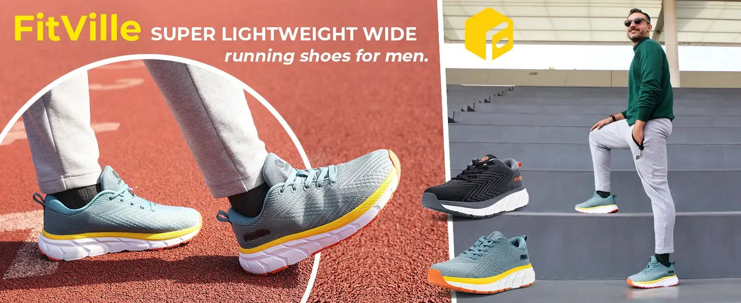 FitVille men's wide toe box running shoes; lightweight, cushioned, breathable with non-slip sole.