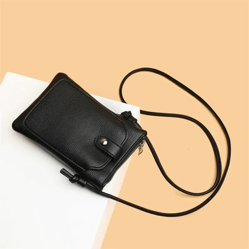 Simples Market PU leather diagonal cross bag, black mini phone wallet with double-layer buckle and long shoulder strap