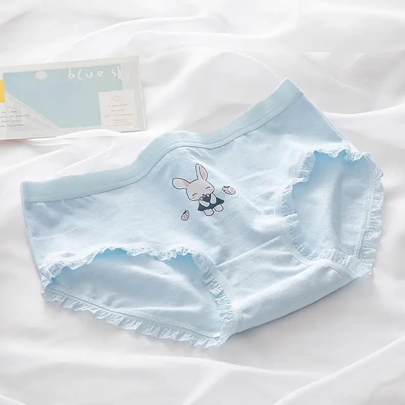 Simples Market M-XL cotton panties in light blue with bunny embroidery and lace trim